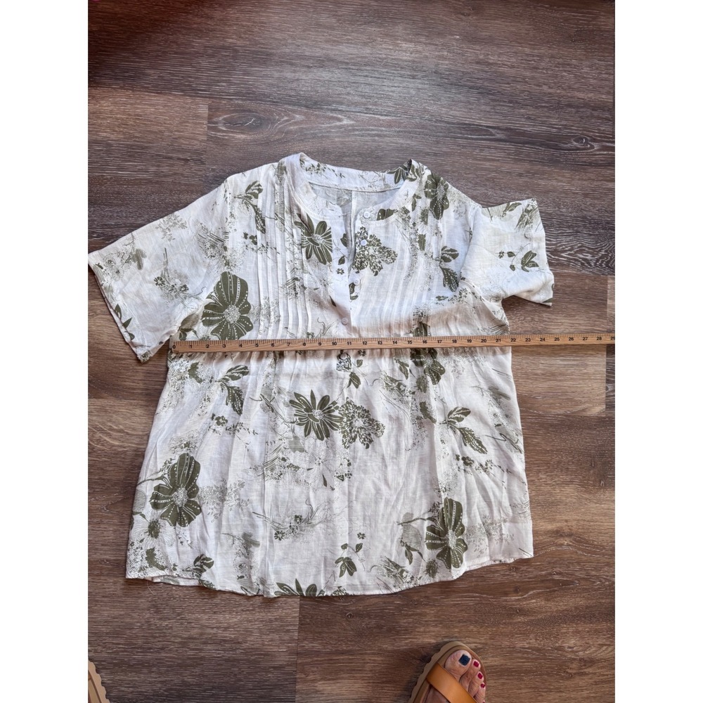 Floral Pintuck Button Front Blouse Olive Green White Short Sleeve XL - Picture 6 of 9